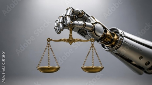 Robotic Hand Holding Golden Scales in Neutral Studio