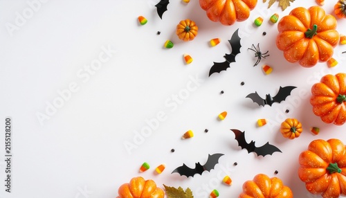 Flat lay of Halloween decorations with pumpkins and bats.