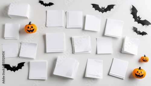 Halloween background with blank white notes and pumpkins.