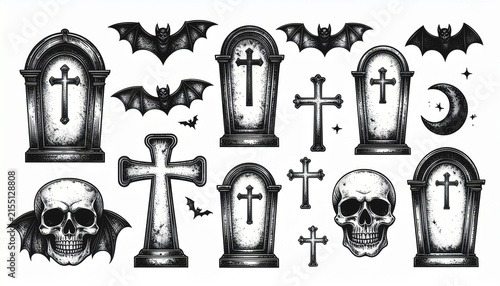 Halloween hand drawn gothic set with skulls gravestones crosses and bats.