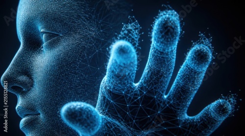 Futuristic Blue Face and Hand with Digital Network