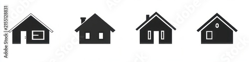 Five minimalist black house icons in a row on white background conveying simplicity and uniformity