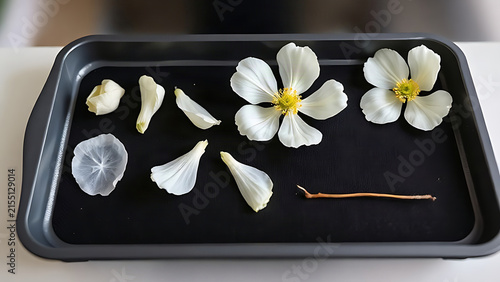 Dissected white flower showing internal structure, botanical education and science