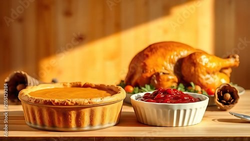 Pumpkin pie, cranberry sauce, roasted turkey and cornucopia on bakery counter, harvest gathering concept