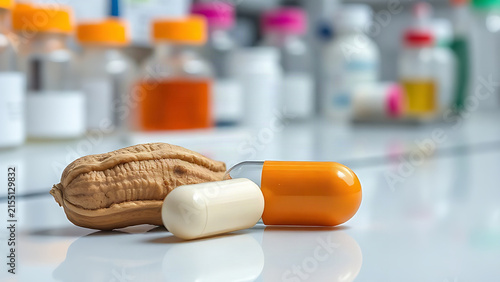 Pill capsule and peanut on lab table, health and allergy concept