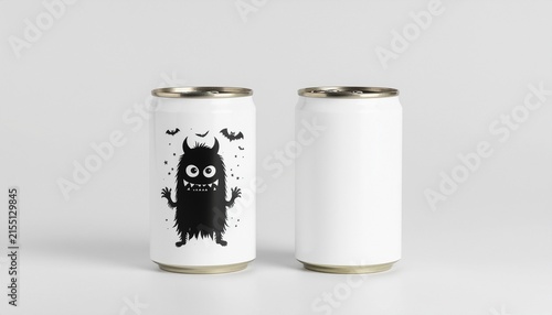 Mockup of two aluminum cans with a cute monster illustration.