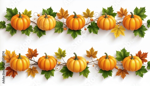 Seamless Autumn Pumpkin and Maple Leaf Border Elements.