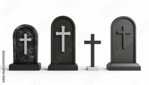 Set of black granite gravestones and a cemetery cross.