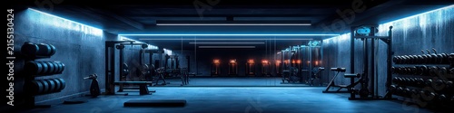 empty underground gym interior with dumbbell racks, weight plates, benches, squat and cable machines, mirrored wall and blue neon lighting creating a sleek, futuristic focused atmosphere