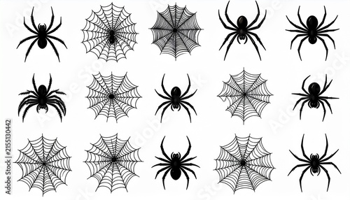 Set of black spider and spider web silhouettes for Halloween design.