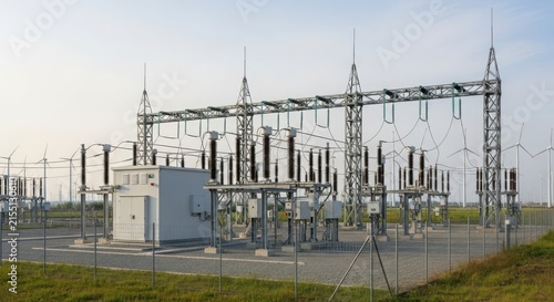 Vast electrical substation with intricate power lines and equipment under a clear sky, vital for energy distribution