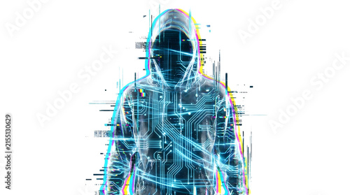 Cyberpunk hooded hacker figure with blue circuit patterns.