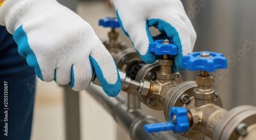 Worker's gloved hands connecting pipes and adjusting blue valves on industrial plumbing system