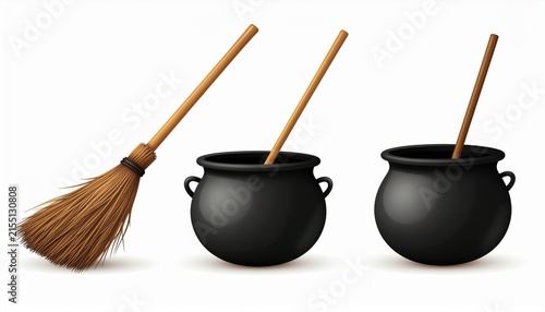 Set of Realistic Witch Items Including Black Cauldrons and Wooden Broomstick.