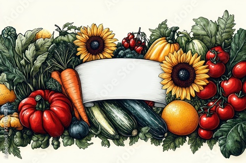 Bright abundant harvest border of sunflowers, tomatoes, carrots, bell pepper, zucchini, pumpkin, orange and leafy greens framing a blank ribbon banner, cheerful rustic mood