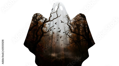 Dark forest scene inside a ghost silhouette.