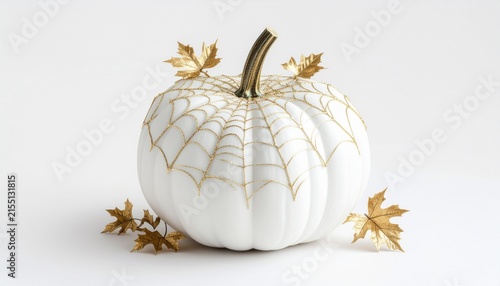 White decorative pumpkin with glittery spider web design and golden leaves.