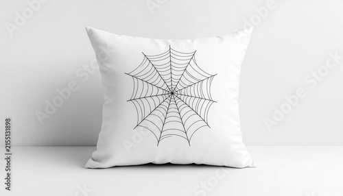 White throw pillow with minimalist spider web illustration for Halloween home decor.