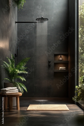 calm spa-like bathroom shower with rain showerhead, dark textured tile walls, recessed shelves with bottle and towel, wooden stool with folded towels, potted fern, woven mat and tall window greenery