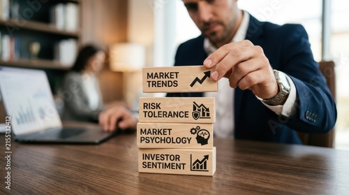 Businessman analyzing market trends and investor sentiment with wooden blocks on office desk
