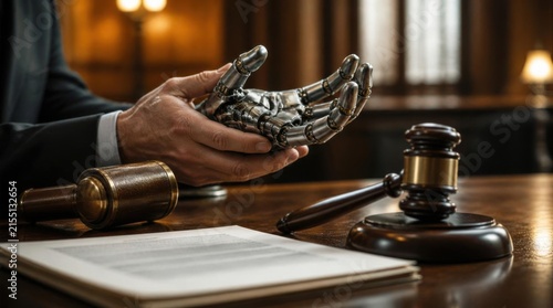 Professional Judge Robotic Hand Surrounded by Gavel and Legal Desk