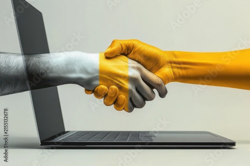monochrome hand emerging from laptop screen shaking a bright yellow hand, symbolizing digital partnership, trust and optimistic connection
