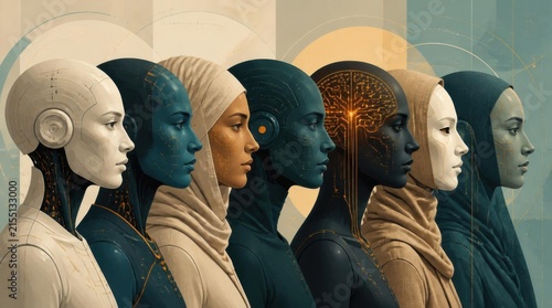 Diverse Robotic Woman Figures in Profile Line