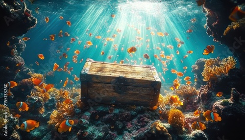 sunlit underwater scene with a weathered wooden treasure chest on a colorful coral reef surrounded by dozens of orange clownfish, beams of light creating a magical serene mood