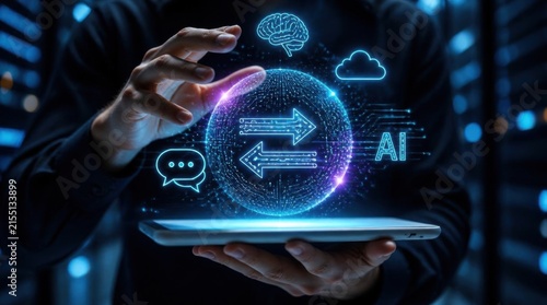 Futuristic Ai Technology Concept with Glowing Sphere and Digital Icons