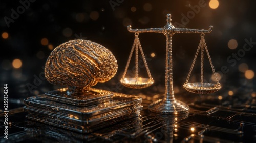 Golden Scale and Gavel Resting on Stacked Metallic Blocks on Reflective Surface