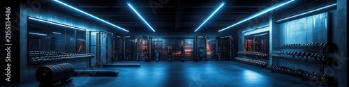 Sleek dimly lit gym interior with rows of dumbbells and weight plates, benches and squat racks under cool neon blue lights, evoking a focused, intense modern atmosphere