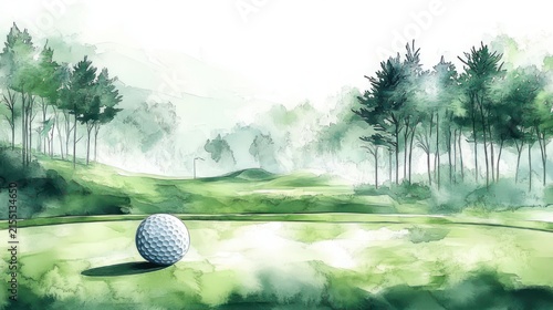 Solitary golf ball on a misty green fairway at dawn, tranquil watercolor landscape with trees and rolling hills