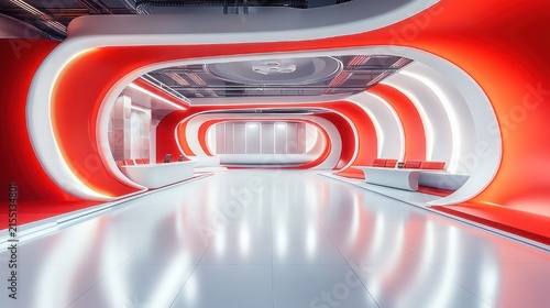 Sleek futuristic corridor with red and white rounded archways, glossy reflective floor, built-in benches and illuminated ceiling creating an inviting high-tech atmosphere