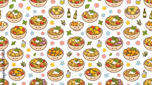 Cute Food Bowls Kawaii Illustration Pattern