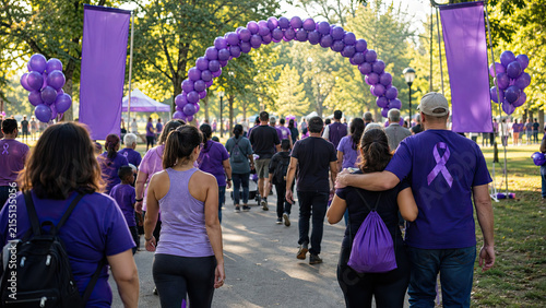 World Alzheimer Month. Wide shot of a diverse group of walk participants crossing a simple finish line marked with purple balloons and banners. Awareness walk celebration concept.