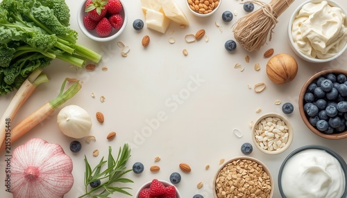 Healthy Food Assortment: A vibrant arrangement of fresh fruits, vegetables, nuts, and dairy products, symbolizing a balanced and nutritious diet.