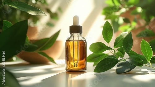 amber glass dropper bottle with golden oil on a white tabletop, surrounded by green leaves and warm sunbeams, calm natural skincare scene