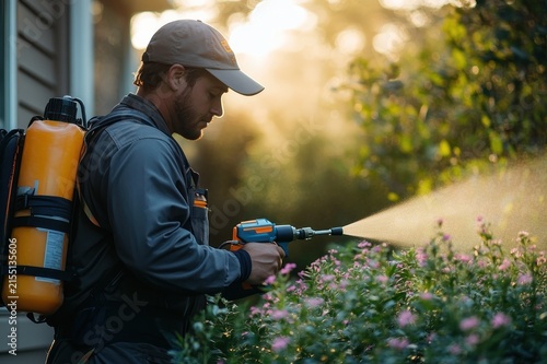 man with backpack sprayer spraying flowering bushes in a residential garden at golden hour, focused and concentrated while tending plants