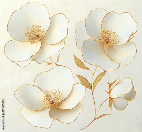 four cream blossoms and a closed bud with gold-edged petals, delicate golden stamens and slender stems on a soft neutral background, serene elegant mood