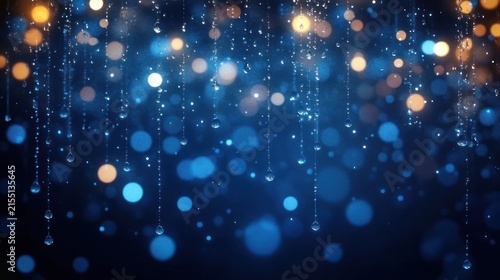 Hanging crystal droplets and shimmering blue and amber bokeh lights on a dark background creating a dreamy, magical atmosphere