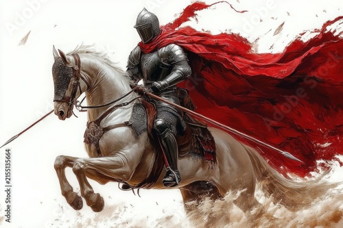 armored knight in full plate charging on a rearing white horse with a billowing red cape and lowered lance, kicking up dust in a dramatic heroic charge