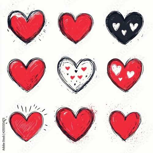 Nine hand-drawn sketchy hearts arranged in a 3x3 grid, red, black, and white with doodle outlines, ink splatters, varied textures and a playful romantic mood