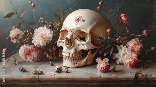 human skull resting among pink peonies and rosebuds on a cracked stone ledge with scattered petals and seed pods, evoking melancholic contemplation