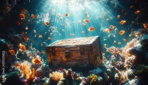 Sunlit underwater coral reef with an old wooden treasure chest on the seafloor surrounded by orange reef fish, glowing corals and sunbeams, evoking wonder and mystery
