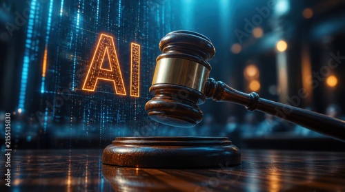 Gavel and Ai Symbol in Neon Digital Courtroom