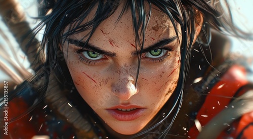 close-up portrait of a young female warrior with intense green eyes, blood and dirt-smeared face, wet dark hair, arrows and bow visible, fierce determined expression