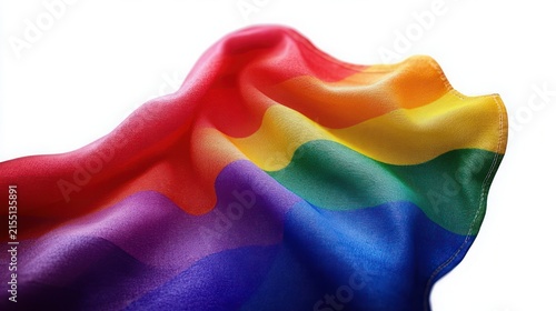 Waving rainbow flag of colorful fabric with folds and highlights on white background conveying celebration and unity