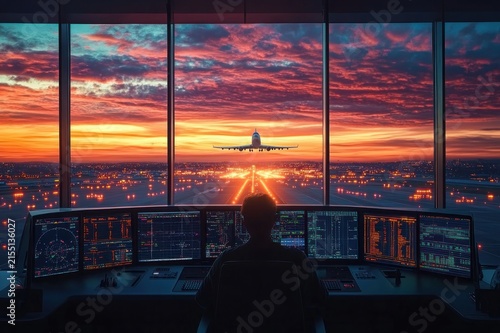 Silhouetted air traffic controller in a glass tower monitors multiple radar and data screens as a passenger plane descends toward a glowing runway at dramatic sunset, focused and tense