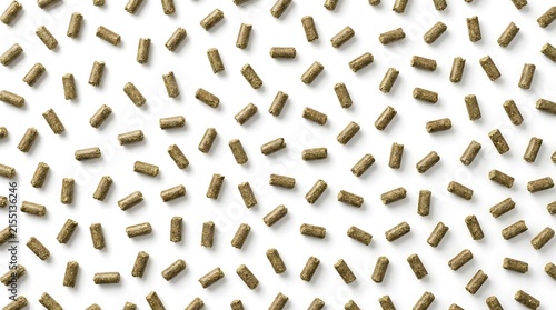 A top-down view of scattered green alfalfa pellet dry feed for livestock arranged uniformly against a clean white background in a studio setting