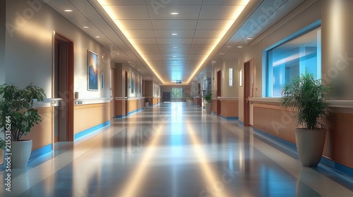 Empty modern hospital corridor with polished reflective floor, warm recessed lighting, potted plants, wooden paneling and doors conveying a calm, serene and clean atmosphere